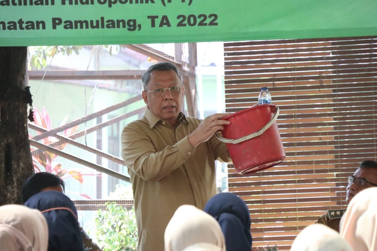 Wali Kota Tangsel Benyamin Davnie dalam pelatihan hidroponik di wilayah Pamulang, Tangsel (foto : Humas Pemkot)