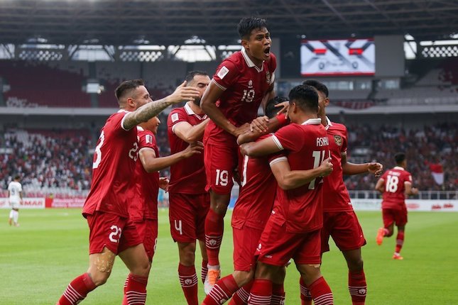 Selebrasi timnas Indonedia usai mencetak gol ke dua ke gawang Kamboja.