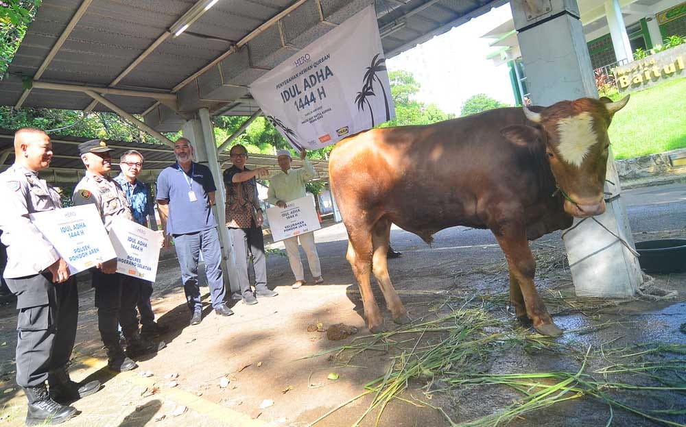 Jajaran Direksi PT Hero Supermarket Tbk secara simbolis menyerahkan hewan kurban kepada perwakilan masyarakat dan kepolisian  Foto : Wan