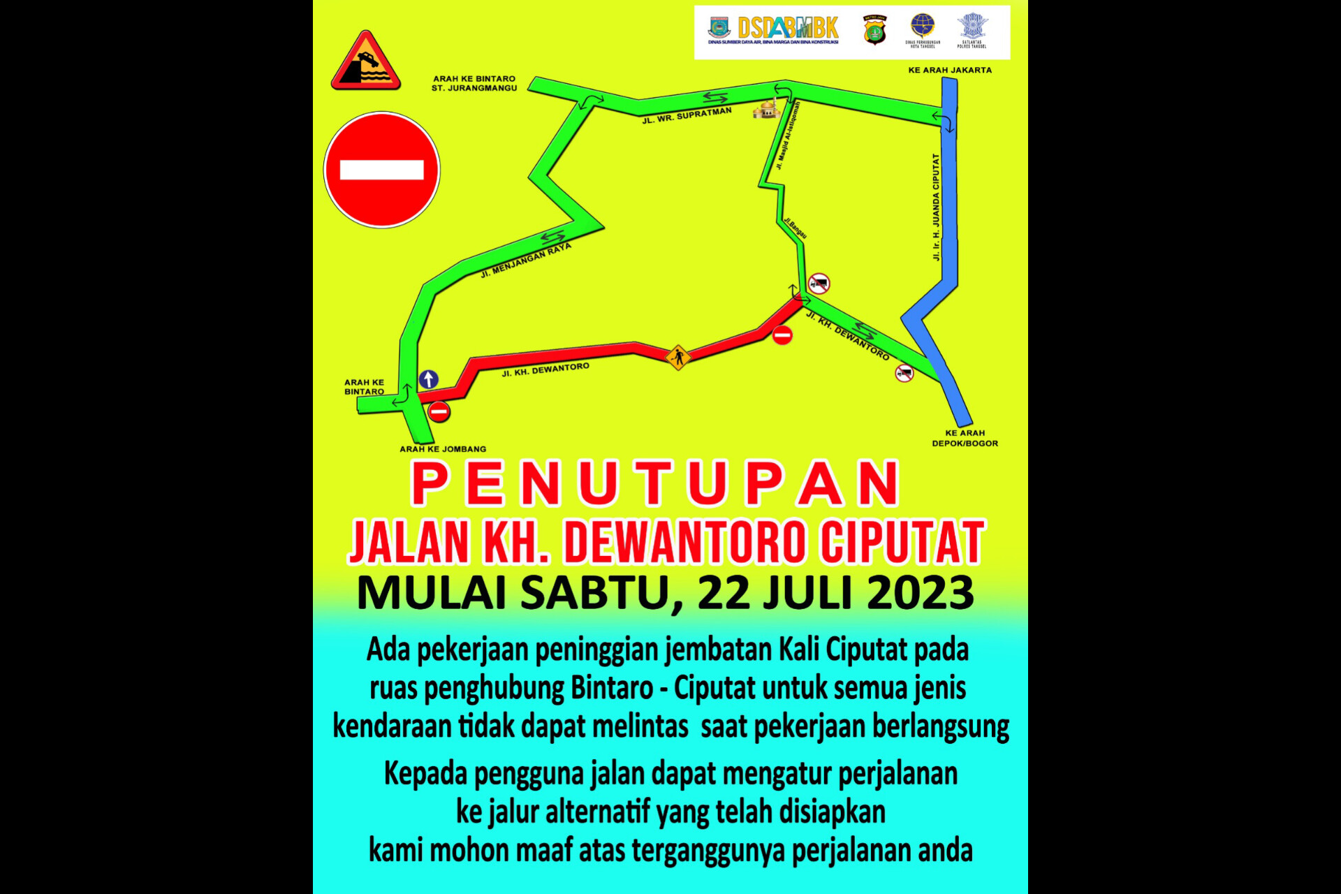 Dinas Sumber Daya Air Bina Marga dan Bina Konstruksi akan menutup jalan KH. Dewantoro Ciputat pada Sabtu 22 Juli 2023. Foto : Ist