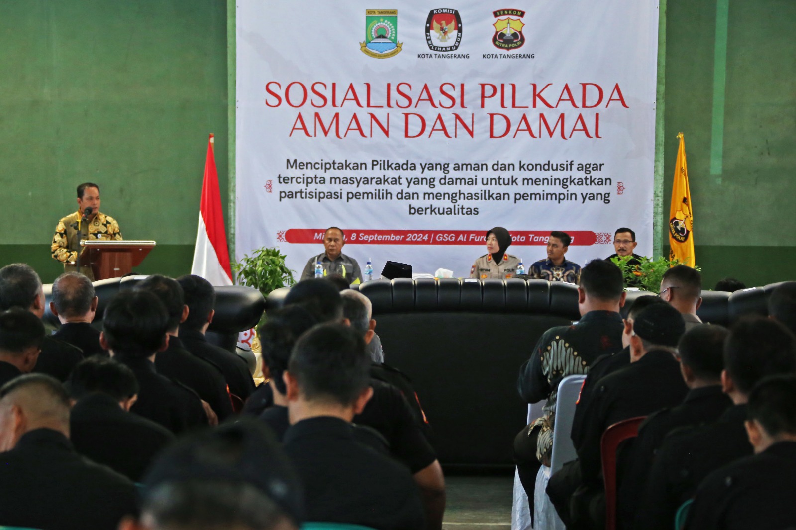 Penjabat (Pj) Wali Kota Tangerang Nurdin membuka kegiatan Sosialisasi Pilkada Aman dan Damai yang diinisiasi oleh Sentra Komunikasi (Senkom) Mitra Polri Kota Tangerang.