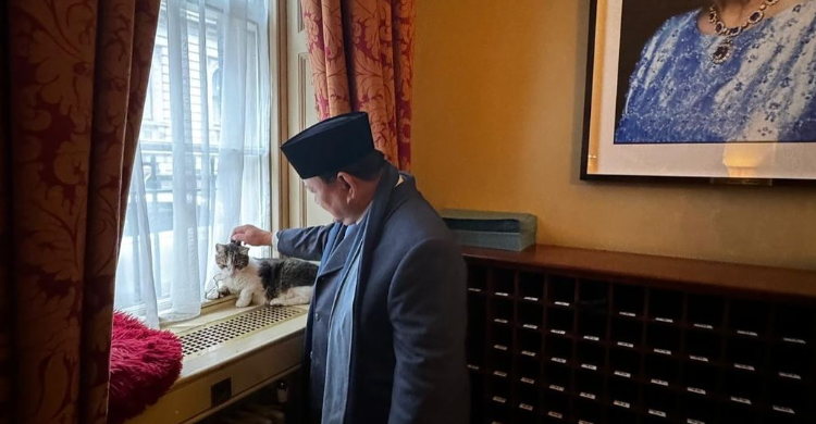 Presiden Prabowo bersama Larry the Chat kucing penghuni rumah dinas PM Inggris. Foto : Ist