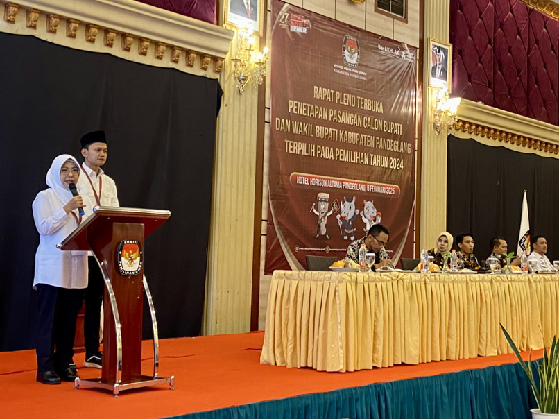 Bupati Pandeglang terpilih Raden Dewi Setiani didampingi Wabup Pandeglang Iing Andri Supriadi, sedang memberikan sambutan pasca ditetapkan sebagai Bupati-Wabup Pandeglang terpilih di salah satu hotel di Pandeglang, Kamis (6/2).(pal)