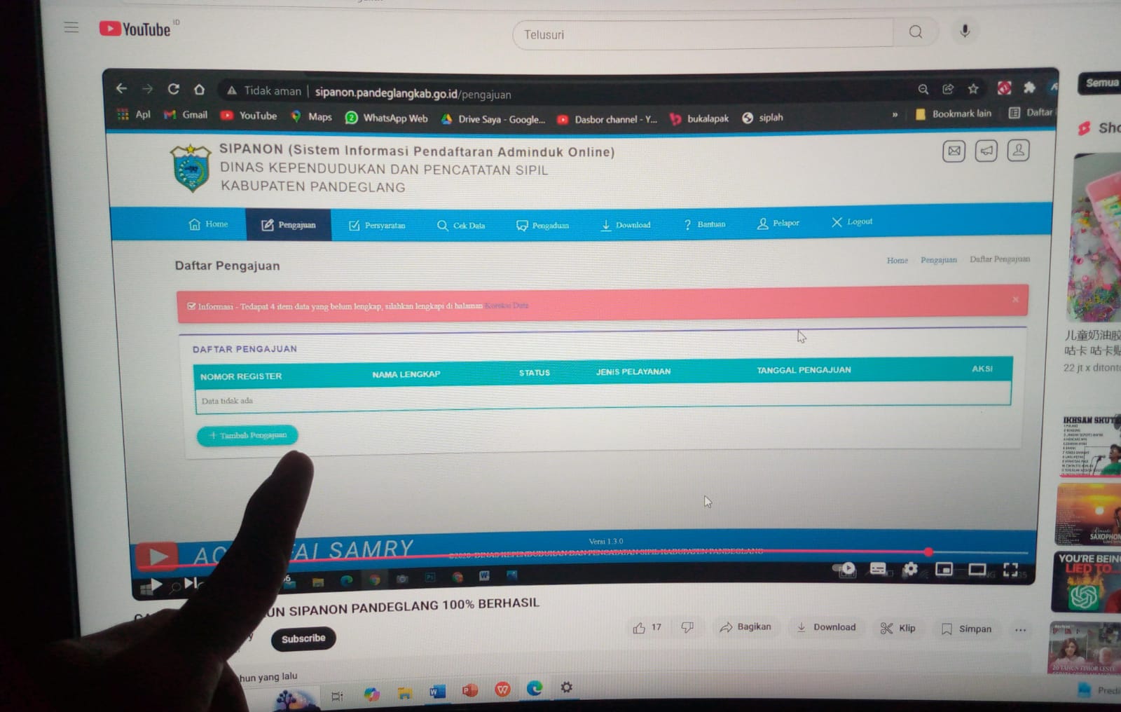 Tayangan video YouTube terkait pendaftaran penerbitan adminduk melalui aplikasi Sipanon. Aplikasi Sipanon saat ini sudah tidak tersedia dan layanan kembali manual.(Ari Supriadi-tangselpos.id)