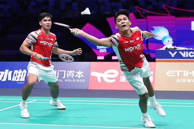 Badminton Piala Sudirman 2025, Bantai Denmark Indonesia Juara Grup D Muhammad Shohibul Fikri/Daniel Marthin saat berlaga di Piala Sudirman 2025. Foto : Ist