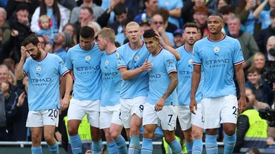Juventus Vs Manchester City, Adu Haus Gol Skuad Man City. Foto : Ist