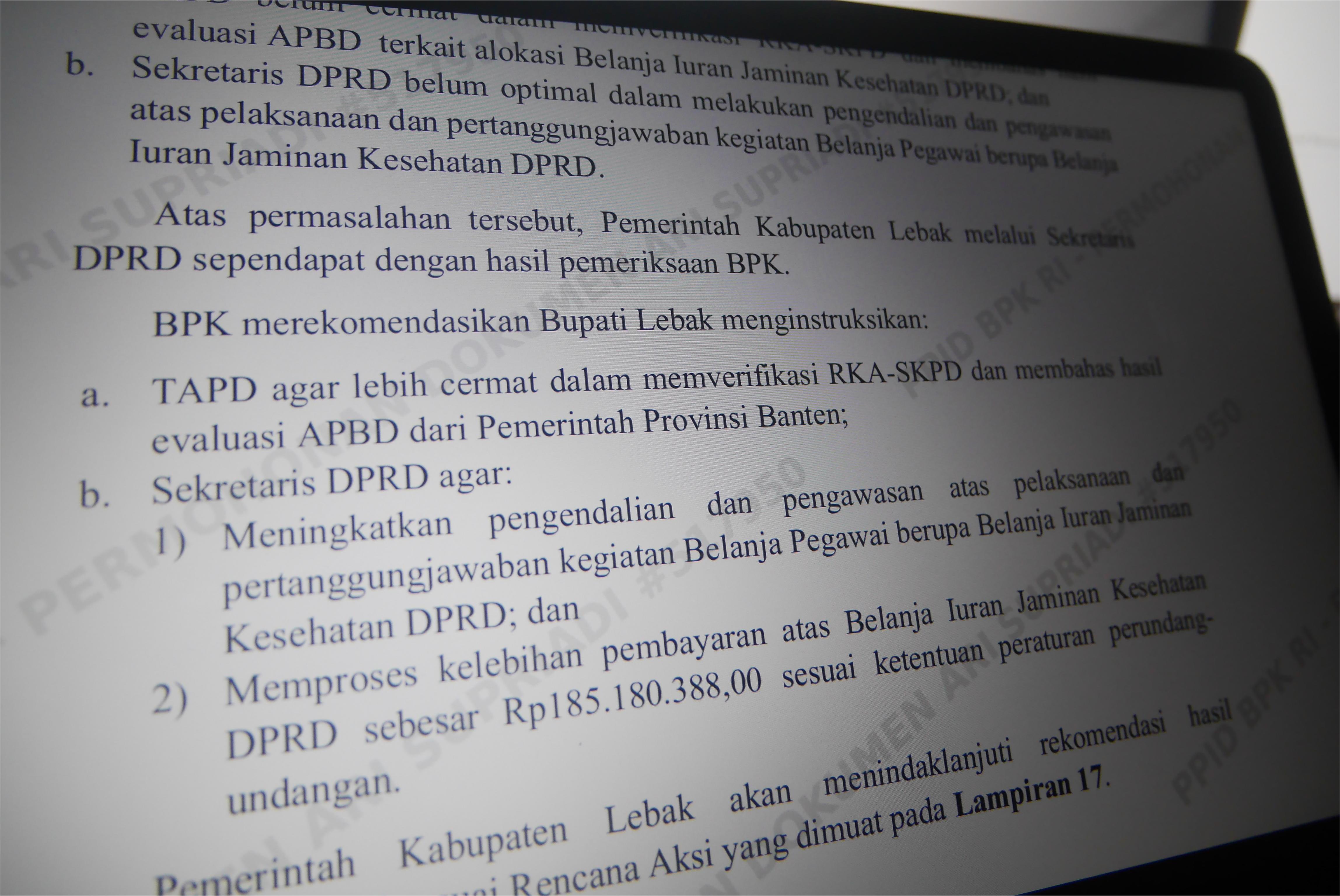 Woow… Kelebihan Pembayaran Iuran Jaminan Kesehatan Anggota DPRD Lebak Capai Rp 185 Juta Dokumen LHP BPK RI Banten atas LKPD Kabupaten Lebak TA 2024, terkait kelebihan pembayaran iuran jaminan kesehatan DPRD Rp 158 juta.(Ari Supriadi/tangselpos.id)