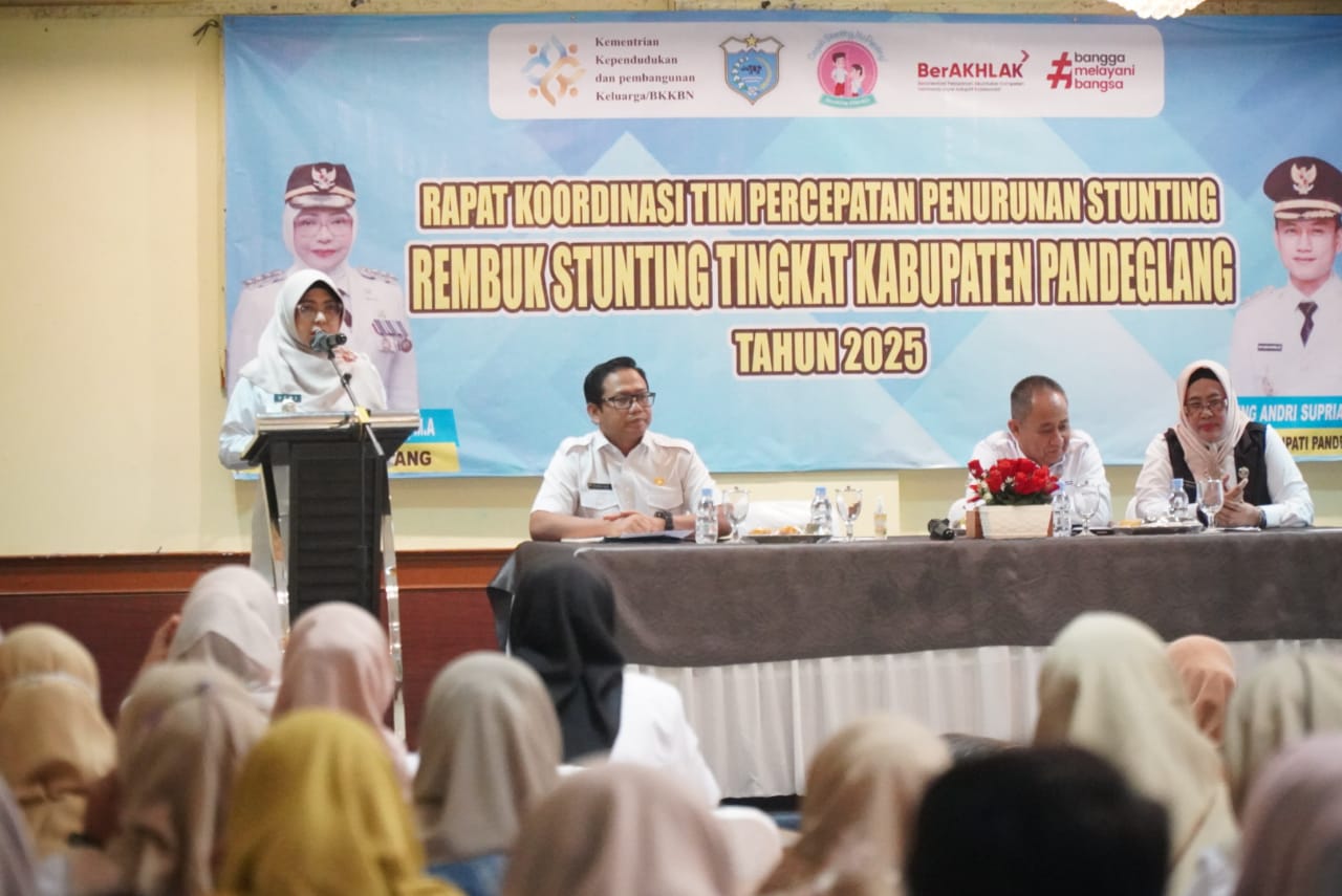 BUMN & BUMD Jadi Orang Tua Angkat Balita Stunting Bupati Pandeglang Raden Dewi Setiani sedang memberikan sambutan di acara rapat koordinasi percepatan penurunan stunting atau rembug stunting tahun 2025, di salah satu hotel di Pandeglang, Rabu (16/7)