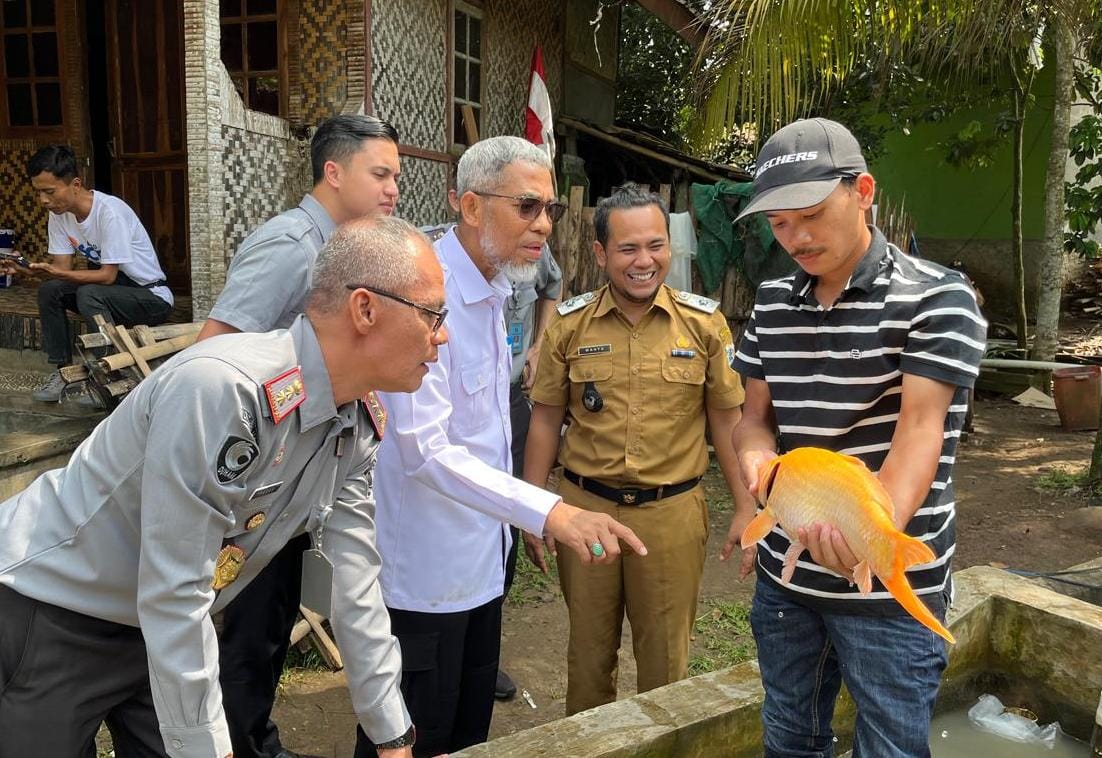 Pihak Kemenkum RI didampingi Kades Bandung, sedang melihat kondisi ikan mas Si Nyonya, saat berkunjung ke Mina Agrowisata Bukit Si Nyonya, di Desa Bandung, Kecamatan Banjar, Kabupaten Pandeglang, Selasa (23/9).