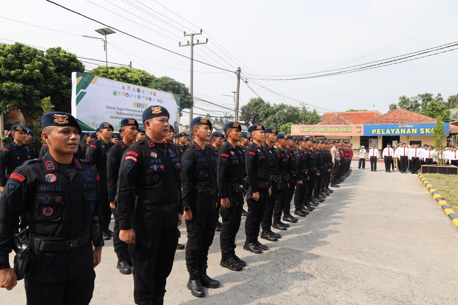 Apel Kesiapsiagaan Penanganan Kerawanan Bahaya dan Dekontaminasi Radionuklida Cs-137 bertempat di Mako Polsek Cikande, Kabupaten Serang pada Senin (13/10/2025).(Istimewa)
