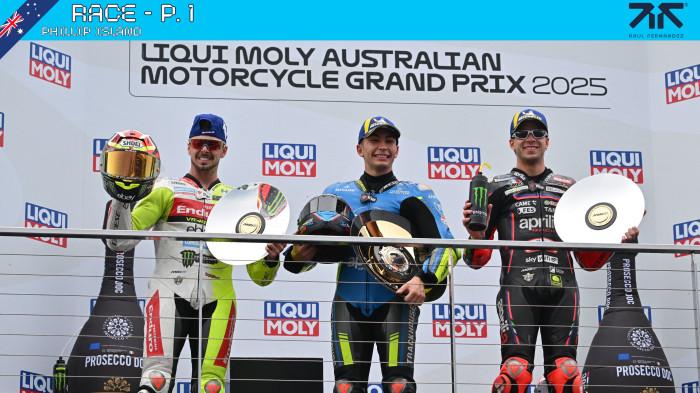 Raul Fernandez Cetak Kemenangan Perdana di MotoGP Australia 2025 Pembalap Tim Aprilia Raul Fernandez (tengah) berhasil merebut juara 1 di MotoGP Australia 2025. Foto : Ist