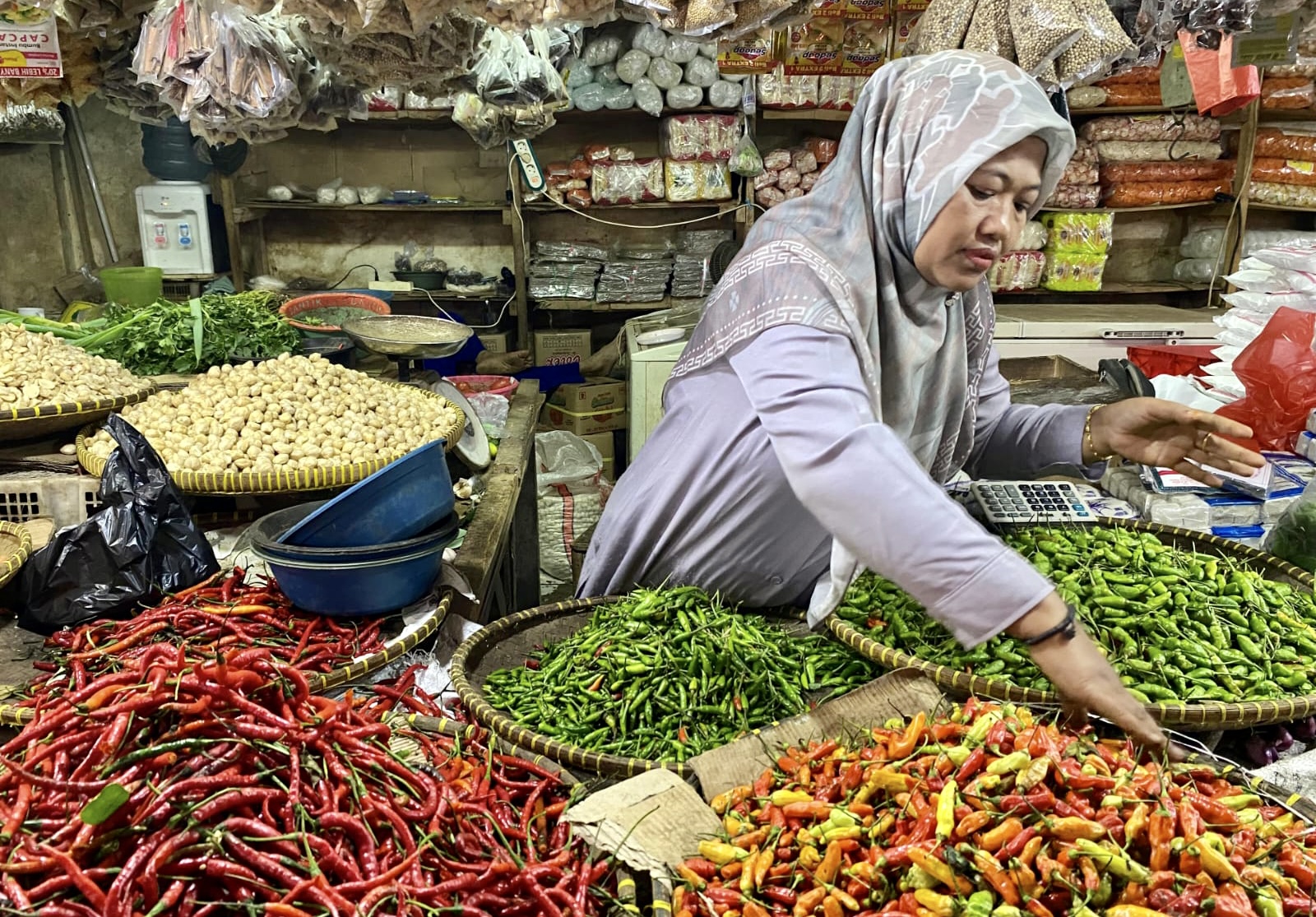 Saat kondisi sedang sepi pembeli, salah seorang pedagang cabai di Pasar Rangkasbitung, Kabupaten Lebak, meluangkan waktu merapikan barang dagangannya, Minggu (30/11).