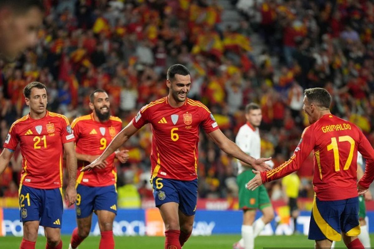 Selebrasi skyad Spanyol usai kalahkan Georgia 4-0. Foto : Ist