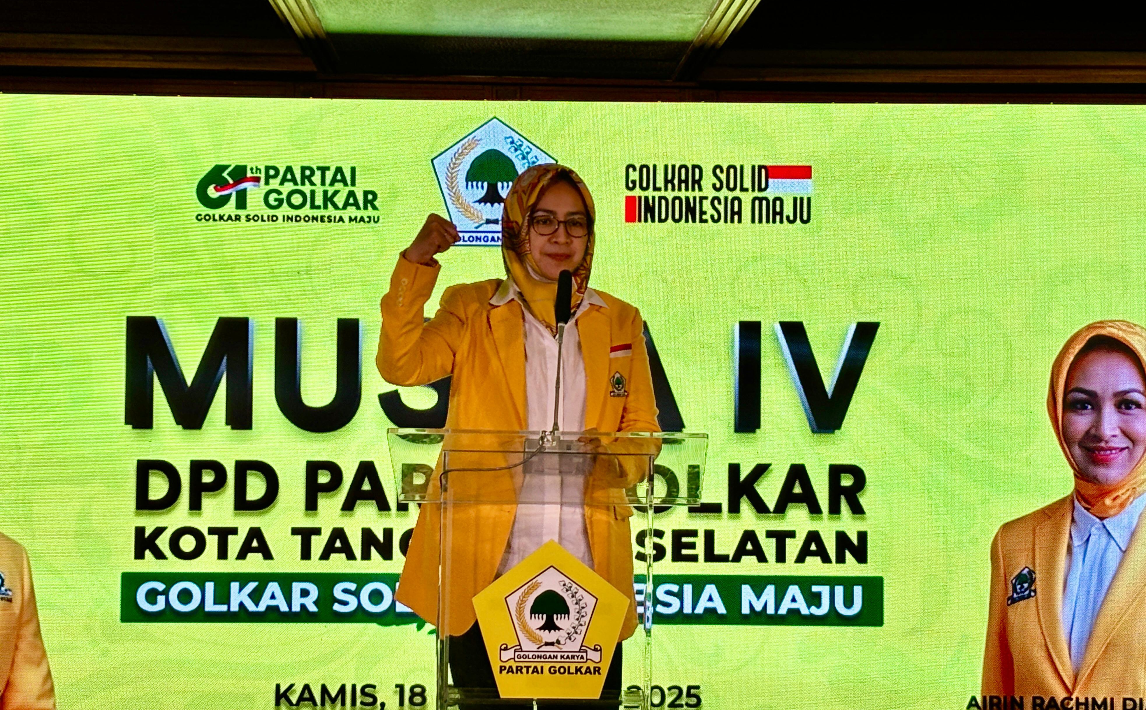 Airin Rachmi Diany kembali terpilih sebagai Ketua Dewan Pimpinan Daerah (DPD) Partai Golkar Kota Tangerang Selatan (Tangsel) periode 2025–2030.  Foto : Idral/TP