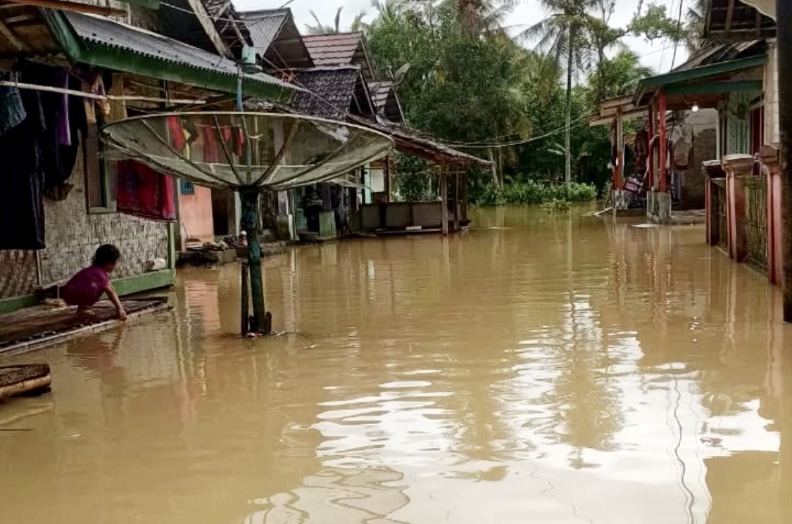 BANJIR. Rumah warga di wilayah Desa Idaman, Kecamatan Patia, Kabupaten Pandeglang, terendam banjir dari luapan kali Cilemer dan Cimoyan, Minggu (11/1).
