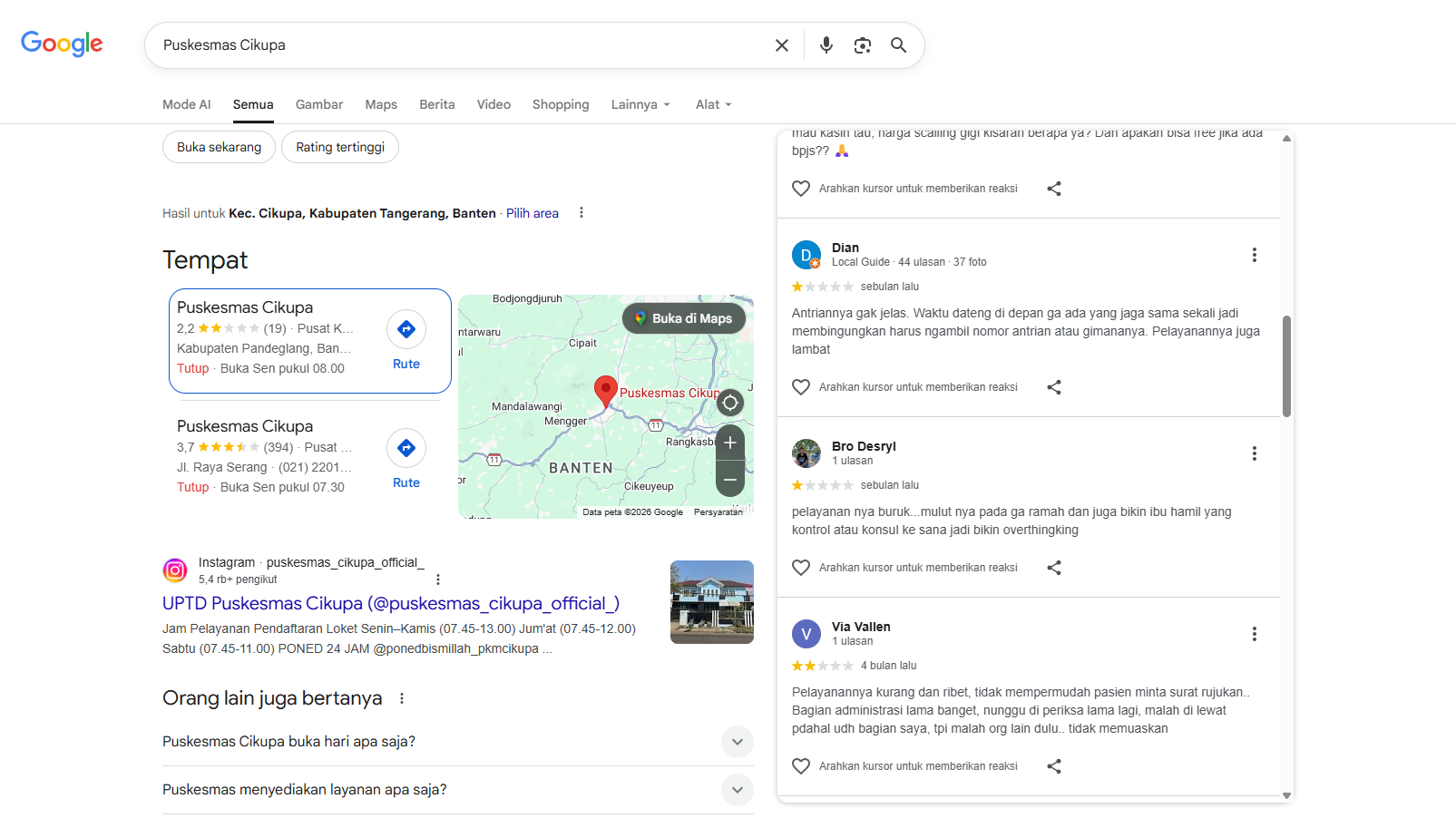 Tangkapan layar Google Review Puskesmas Cikupa, Kabupaten Pandeglang.(Istimewa)