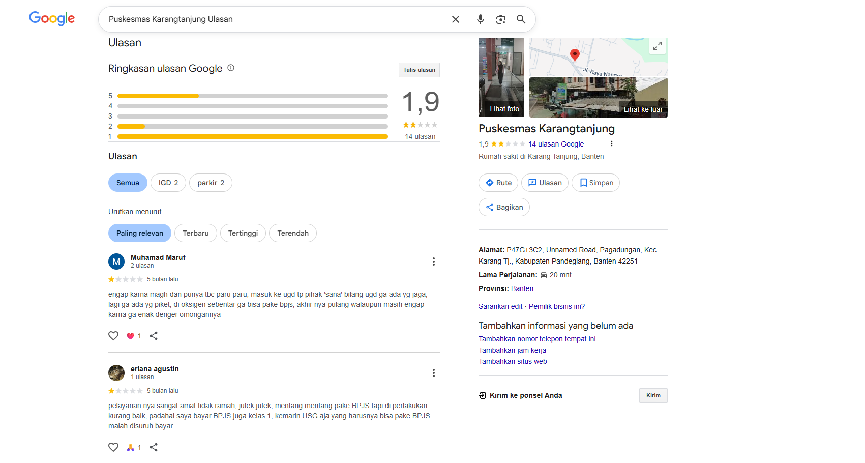 Google Review Puskesmas Karangtanjung, Kabupaten Pandeglang.(Istimewa)