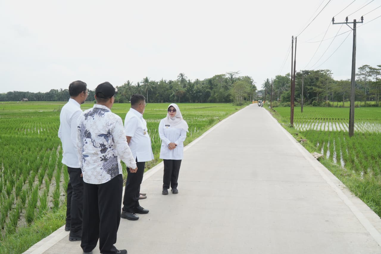 Bupati Pandeglang, Raden Dewi Setiani, saat mendampingi Gubernur Banten, Andra Soni meninjau hasil pembangunan jalan Bang Andra, di Desa Sukadame, Kecamatan Pagelaran, Kamis (26/2/2025).(Istimewa)