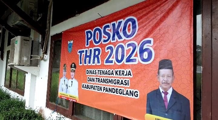 Disnakertrans Pandeglang buka posko pengaduan untuk pekerja yang tak menerima haknya atau THR 2026, di Jl. Raya Labuan Km. 04, Cipacung, Pandeglang, Banten.