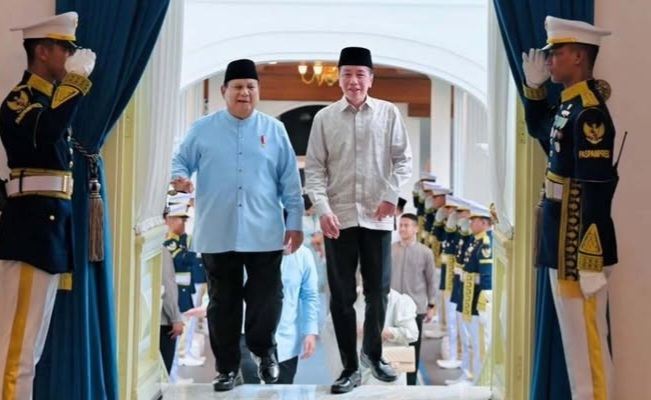 Presiden Prabowo menyambut kehadiran mantan Presiden ke 7 RI Joko Widodo tiba di Istana. Foto : Ist