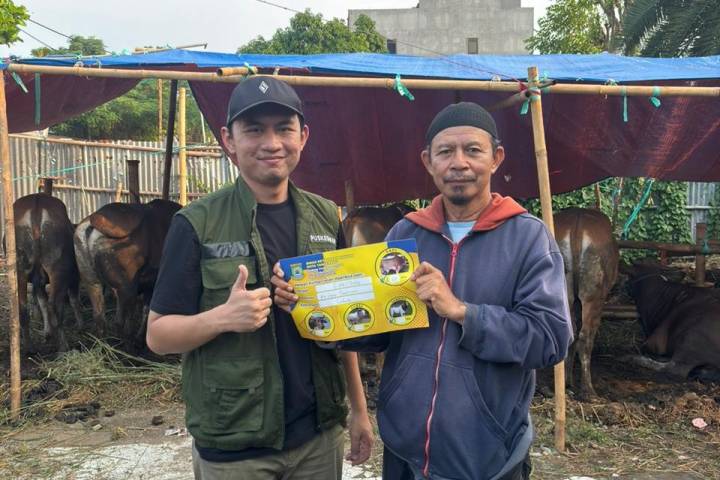 Petugas Dinas Ketahanan Pangan (DKP) Kota Tangerang memeriksa kondisi kesehatan hewan kurban di lapak-lapak di Kota Tangerang dan juga memberikan sertifikasi layak jual bagi pedagang.