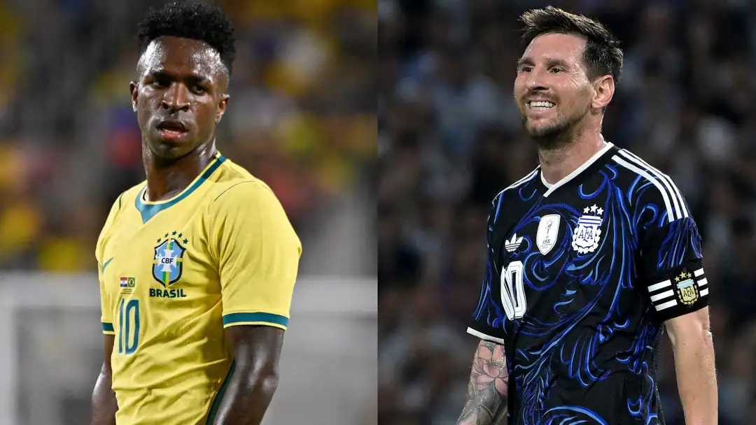 Punggawa Brasil Vinicius Junior (kiri) dan Punggawa Argentina Lionel Messi (kanan). Foto : Ist