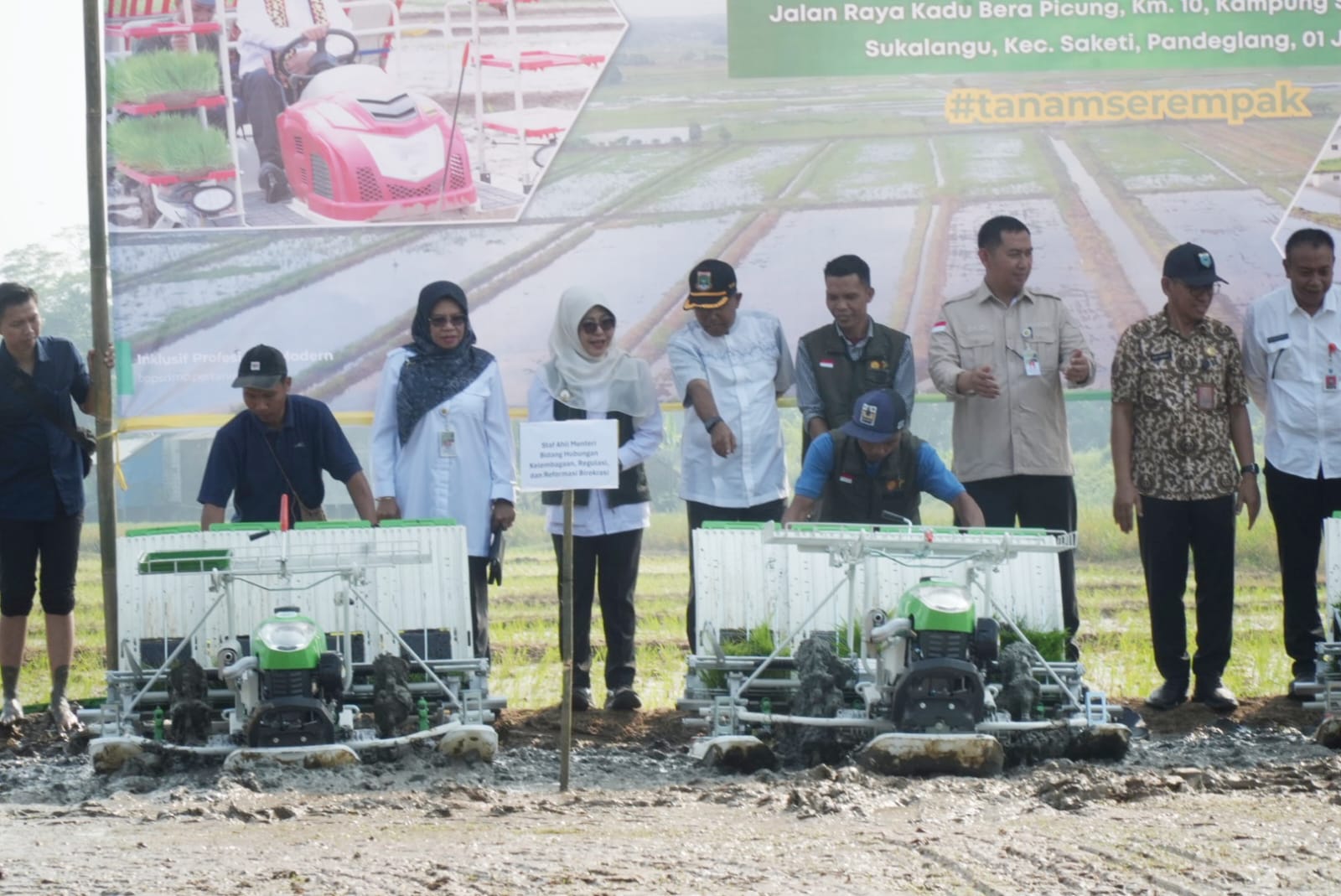 Suasana acara Gerakan Tanam Padi Serentak Nasional seluas 50.000 hektare, di Desa Sukalangu, Kecamatan Saketi, Jumat (3/7/2026).(Istimewa)