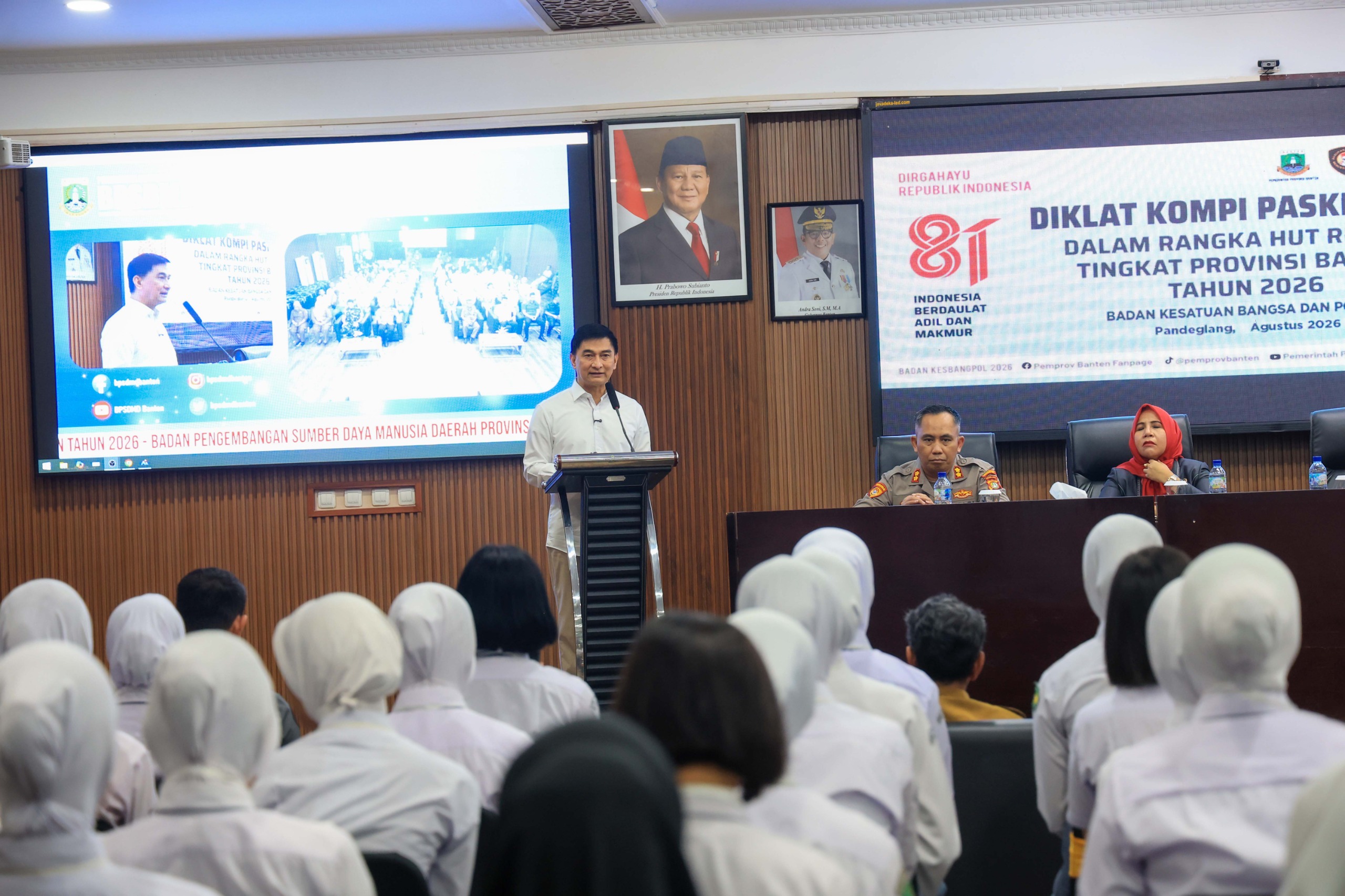 PEMBUKAAN DIKLAT. Wakil Gubernur Banten Dimyati Natakusumah membuka Diklat Kompi Pasukan Pengibar Bendera Pusaka dalam rangka Hari Ulang Tahun ke-81 Republik Indonesia 2026 di Aula Bougenville Badan Pengembangan Sumber Daya Manusia (BPSDM) Provinsi Banten, Pandeglang, Selasa (4/8). BIRO ADPIM PEMPROV BANTEN