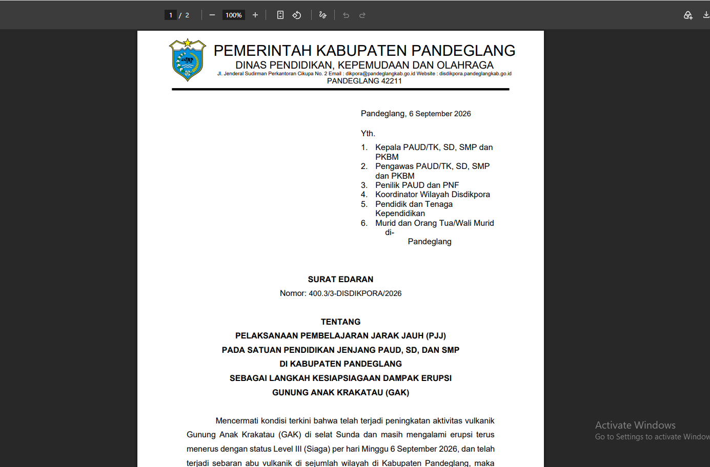 Tangkapan layar Surat Edaran Nomor: 400.3/3-DISDIKPORA/2026.(Istimewa)