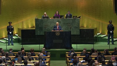 Presiden Amerika Serikat (AS) Donald Trump menyampaikan pidato dalam Sidang Majelis Umum ke-81 Perserikatan Bangsa-Bangsa (PBB) di Markas Besar PBB. Foto : Ist