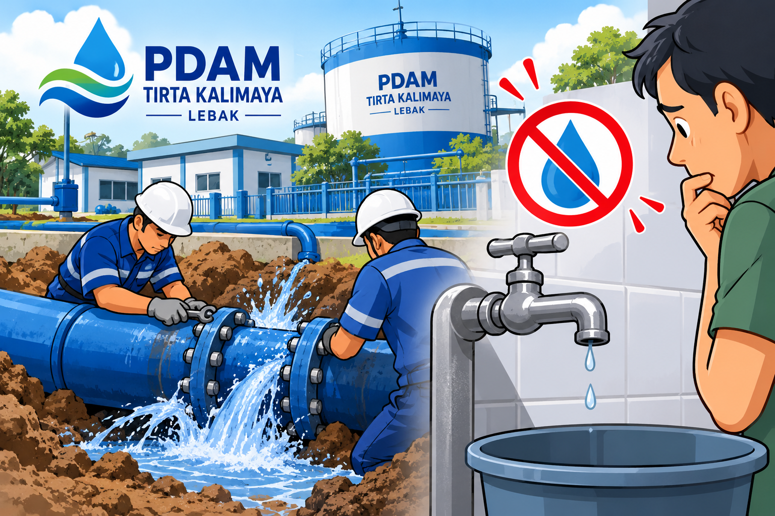 Ilustrasi gangguan penyaluran air bersih PDAM Tirta Kalimaya Lebak.(Photo by Chatgpt)