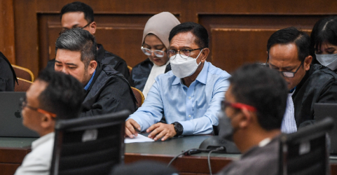 Suasana sidang Tipikor kasus BTS dengan terdakwa Johnny G Plate. Foto : Ist