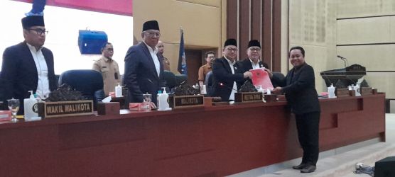 Anggota Fraksi PDIP DPRD Tangsel Darmawan Lase memberikan pandangan umum fraksi terkait Raperda RPJPD Kota Tangsel 2025-2045. (dra)