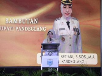 Bupati Pandeglang Raden Dewi Setiani, sedang memberikan sambutan di acara Musrenbang RPJMD 2025–2029, di Wisma PKPRI, Rabu (7/5).