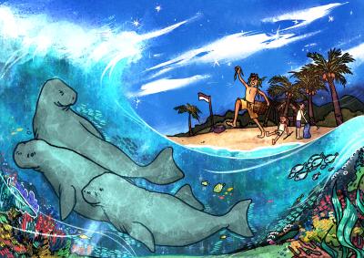 Tema "A Home We Share" langkan konservasi Pantai Dugong mamalia laut yang terancam habitatnya dan pentingnya menjaga ekosistem laut dan pesisir pantai.  Foto: Feyza Meutia